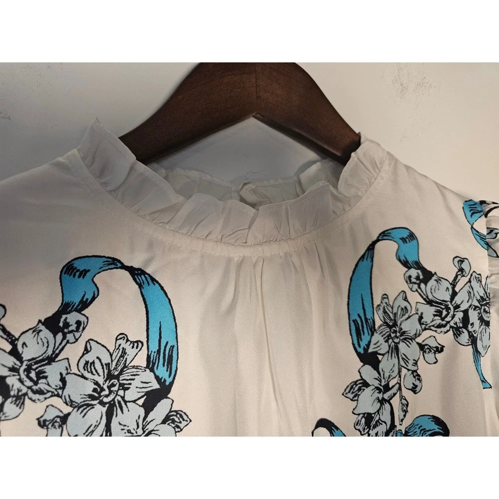 [Romantic Coquette] Cynthia Rowley Silk  Dress Womens 4  Blue Floral Ribbons - Picture 7 of 9